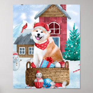 Poster Chien Akita dans la maison de Noël enneigée