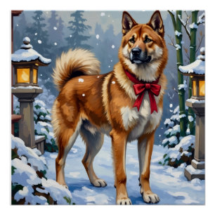 Poster Chien Akita Hiver Japonais Serein Noël