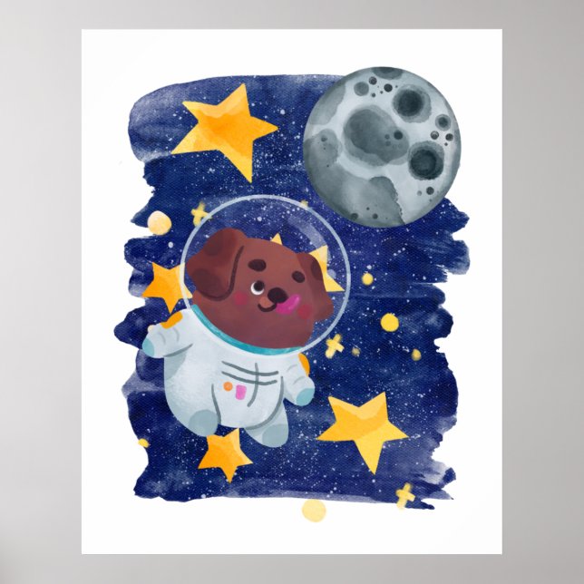 Poster Chien astronaute aquarelle espace étoiles planète  (Devant)