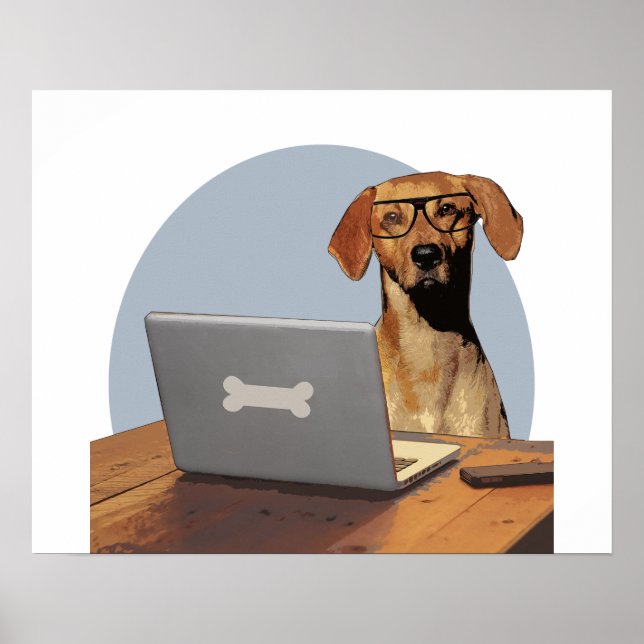 Poster Chien avec lunettes à l'ordinateur et bureau (Devant)