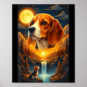 Poster Chien Beagle hurlant à la lune 