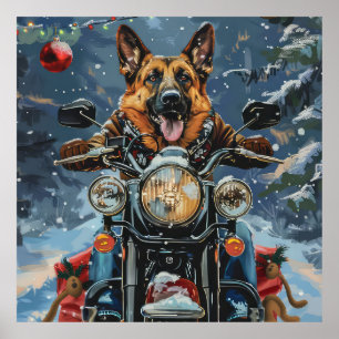 Poster Chien berger allemand à moto Noël