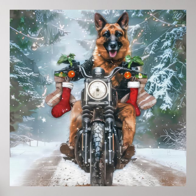 Poster Chien berger allemand équitation moto Noël (Devant)