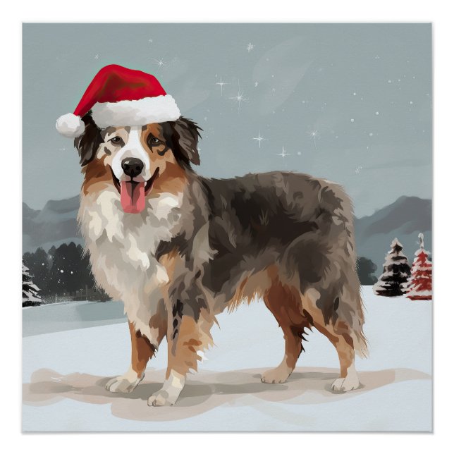 Poster Chien berger australien en Noël de neige (Devant)