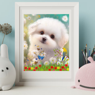 Poster Chien blanc mignon de race maltaise dans l'art du 