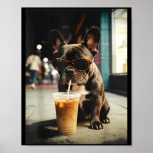 Poster Chien bouledogue français drôle buvant du café gla