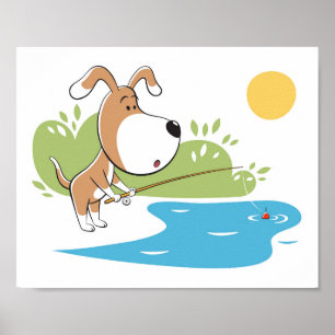 Poster Chien caricature Pêche à la chienne Sun Lake