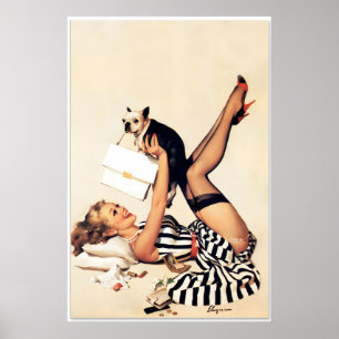 Poster Chien Chanceux Pug958 Fille Pin-Up Elvgren Style V