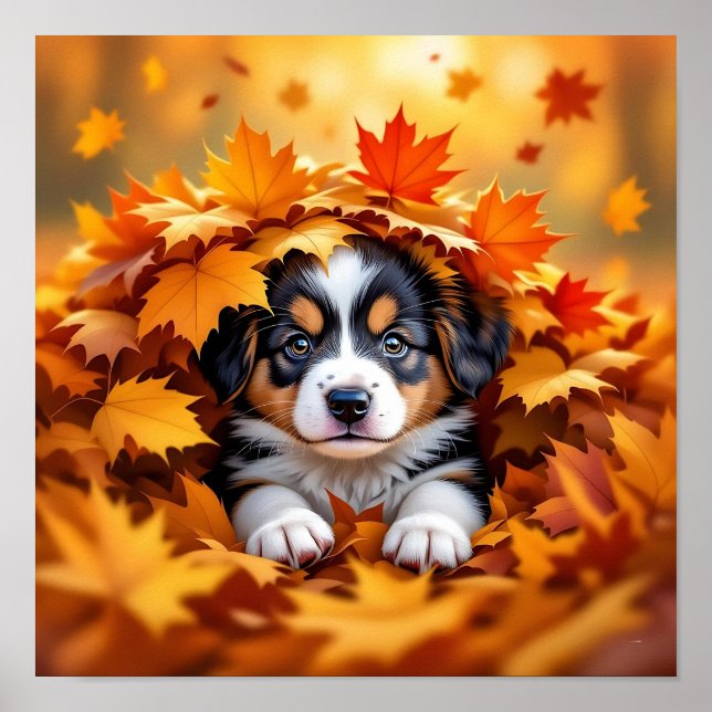 Poster Chien chic mignon dans les feuilles d'automne (Devant)