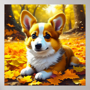Poster Chien Chien Chien Chien Corgi Jouant dans les Feui