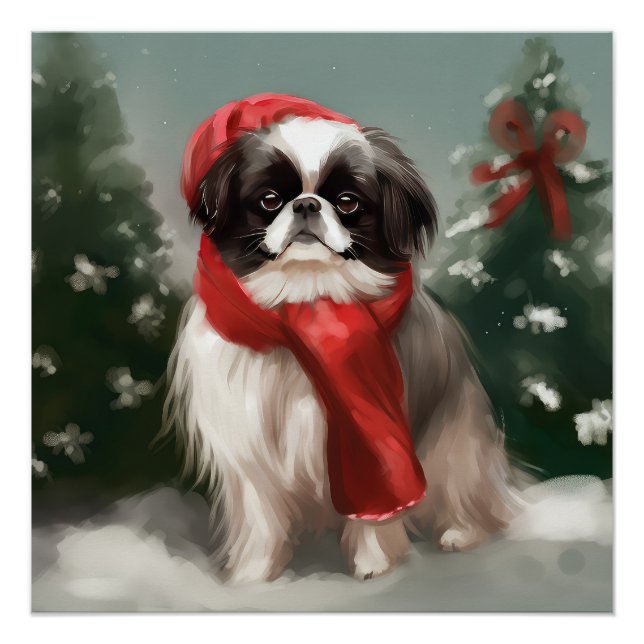 Poster Chien chinois japonais à Noël de neige (Devant)