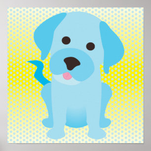 Poster Chien chiot bleu bébé sur jaune