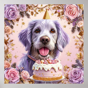 Poster Chien d'anniversaire adorable avec gâteau de céléb