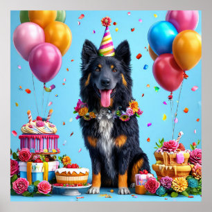 Poster Chien d'anniversaire avec gâteau et ballons