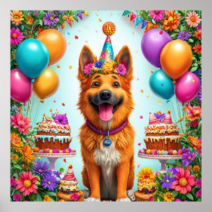 Poster Chien d'anniversaire avec gâteau et ballons