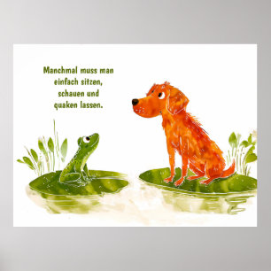 Poster Chien de bande dessinée aquarelle et grenouille su