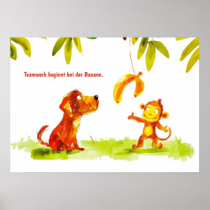 Poster Chien de bande dessinée aquarelle et singe veulent