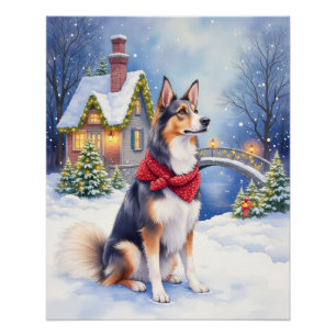 Poster Chien de berger belge à l'aquarelle Noël d'hiver