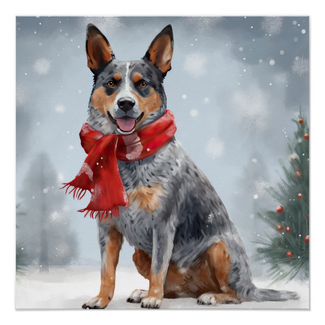 Poster Chien de bétail australien à Noël de neige (Devant)