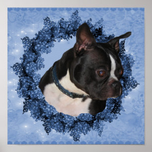 Poster Chien De Boston Terrier Dans La Guirlande Florale