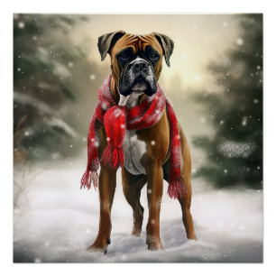 Poster Chien de boxe en Noël de neige