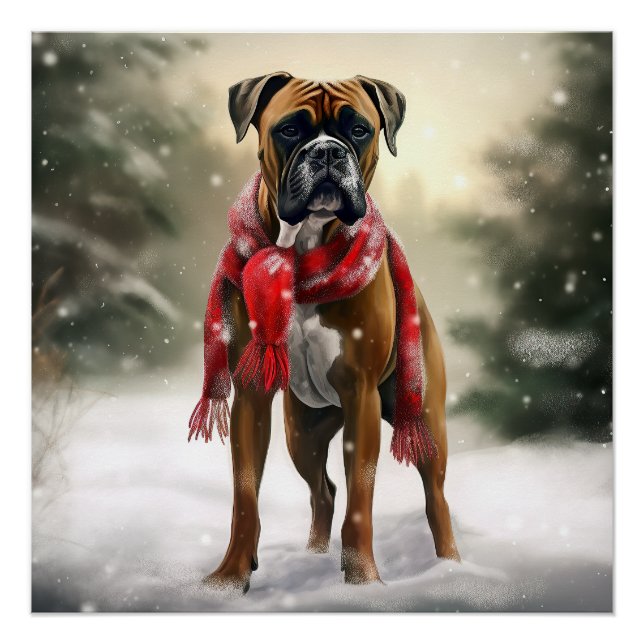 Poster Chien de boxe en Noël de neige (Devant)
