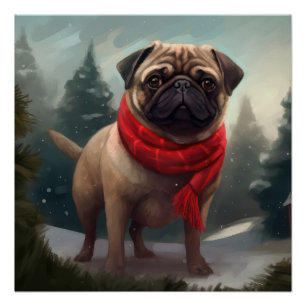 Poster Chien de carlin en Noël de neige