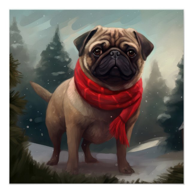 Poster Chien de carlin en Noël de neige (Devant)