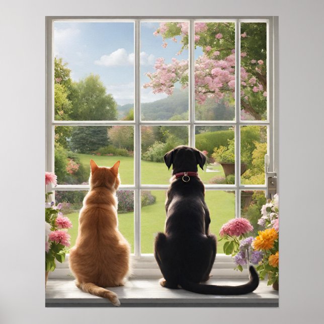 Poster Chien de chat regardant par la fenêtre (Devant)