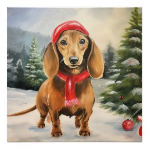 Poster Chien de Dachshund à Noël de neige