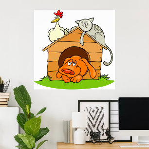 Poster Chien de dessin animé drôle, chat et poulet sur ni