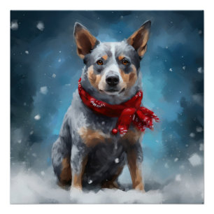Poster Chien de Heeler Bleu à Noël de neige