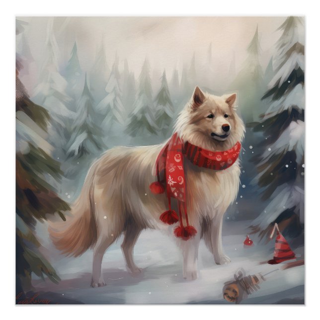 Poster Chien de lappund finlandais à Noël de neige (Devant)
