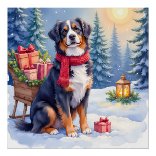 Poster Chien de montagne bernois à l'aquarelle Noël traîn