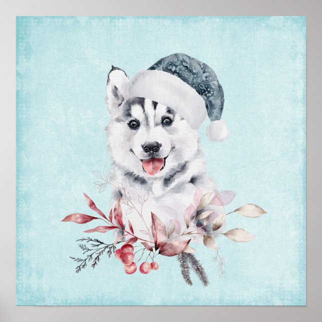 Poster Chien de Noël Husky dans un chapeau de Père Noël (Devant)
