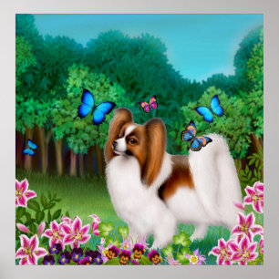 Poster Chien de Papillon dans la copie de jardin