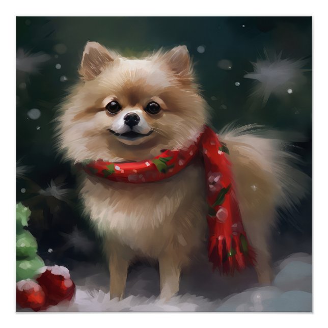 Poster Chien de Poméranie en Noël de neige (Devant)