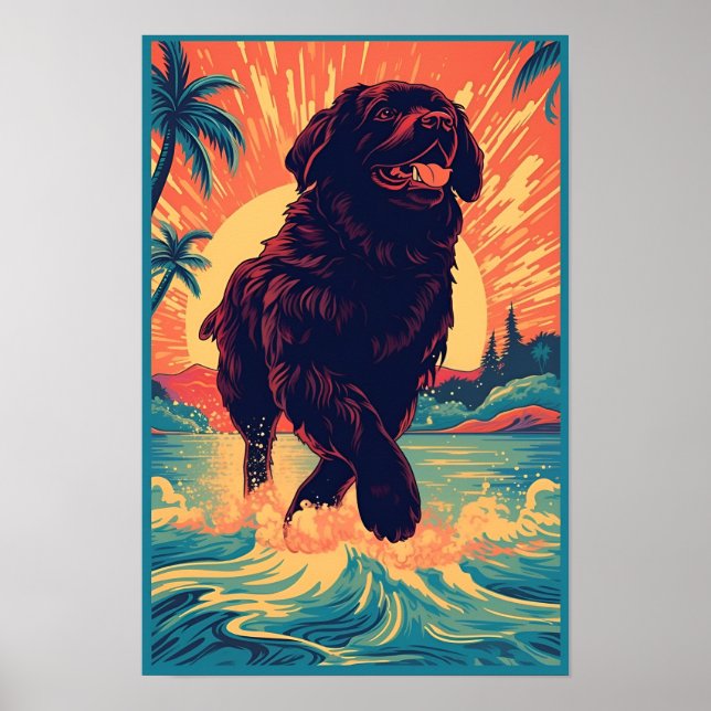 Poster Chien de Terre-Neuve à la plage (Devant)