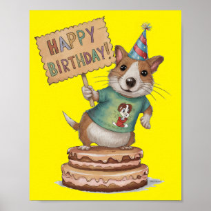 Poster Chien debout sur le gâteau tenant un joyeux signe