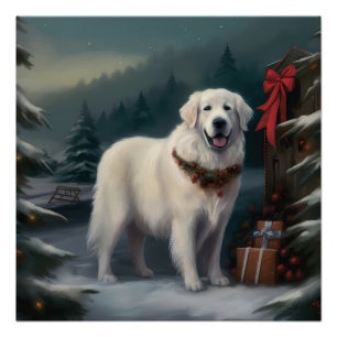 Poster Chien des grandes Pyrénées à Noël de neige