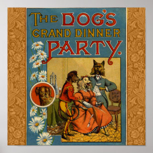 Poster Chien Dinner Party Chien Vintage illustration