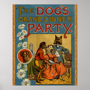 Poster Chien Dinner Party Chien Vintage illustration