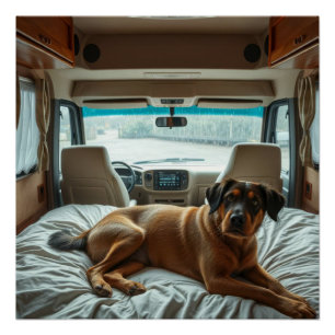 Poster Chien dormant à l'intérieur d'un camping-car cosy