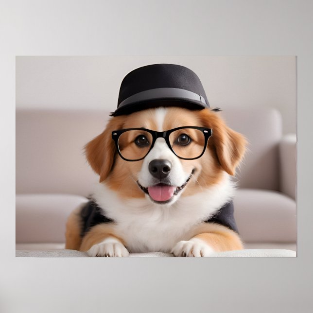 Poster Chien drôle avec lunettes et casquette (Devant)
