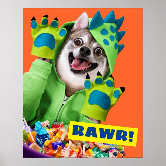 Poster Chien en costume de dinosaure (Devant)