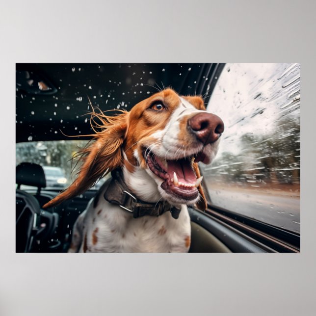 Poster Chien excité sur Rainy Car Ride Art (Devant)