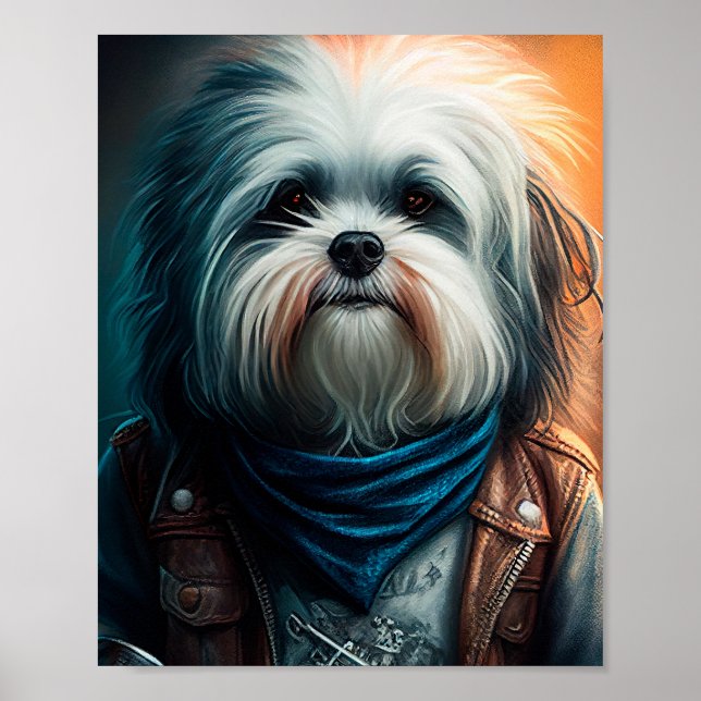 Poster Chien Havanais en vélo peinture numérique (Devant)