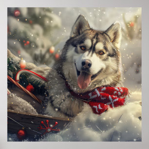Poster Chien Husky Sibérien Noël Fête