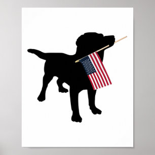 Poster Chien Lab noir tenant le drapeau patriotique Usa d