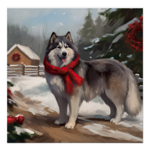 Poster Chien Malamute d'Alaska dans la neige de Noël